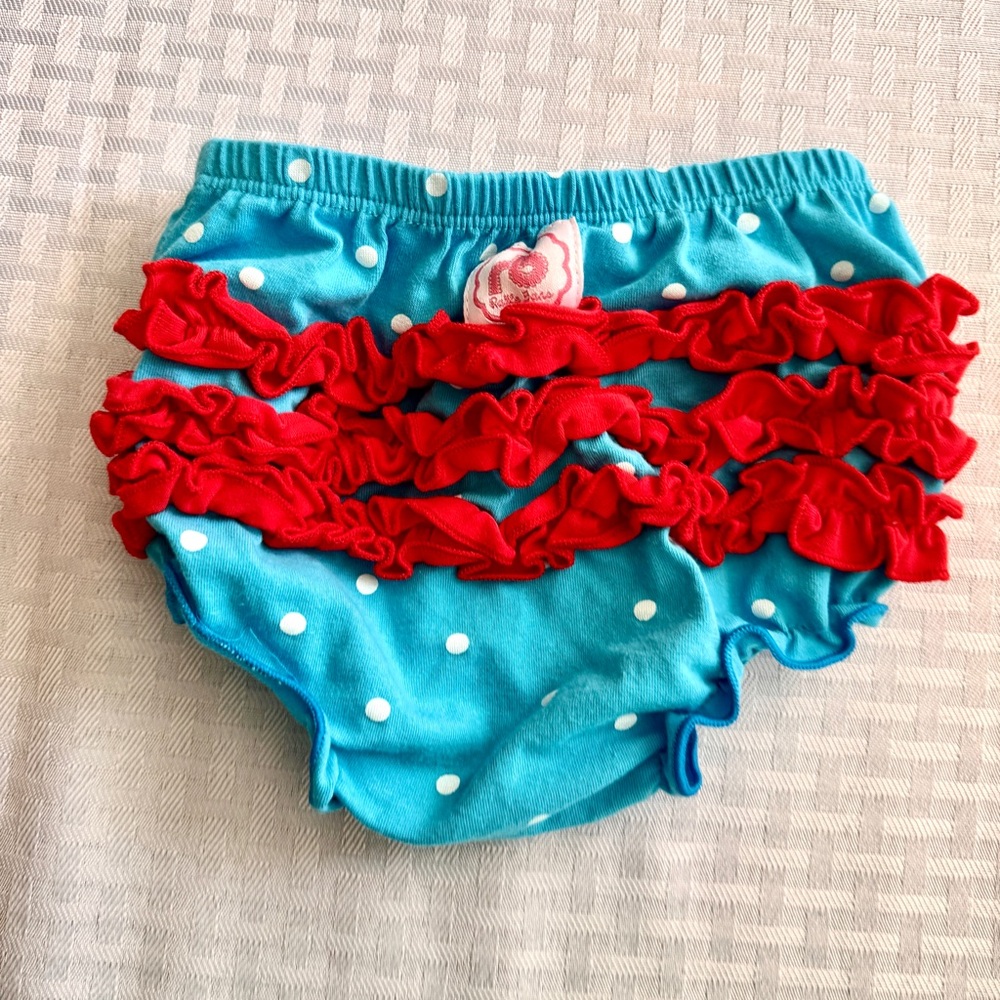 RuffleButts‎ Blue Polka Dot Ruffle Bloomers Red Ruffle Bum (Fits ~6–12M)